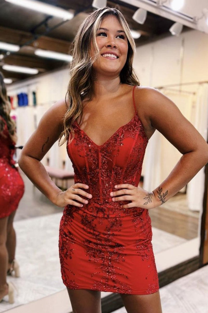 Koscy Glitter Sparkly Bodycon Zipper Back Spaghetti Straps Short Homecoming Dress