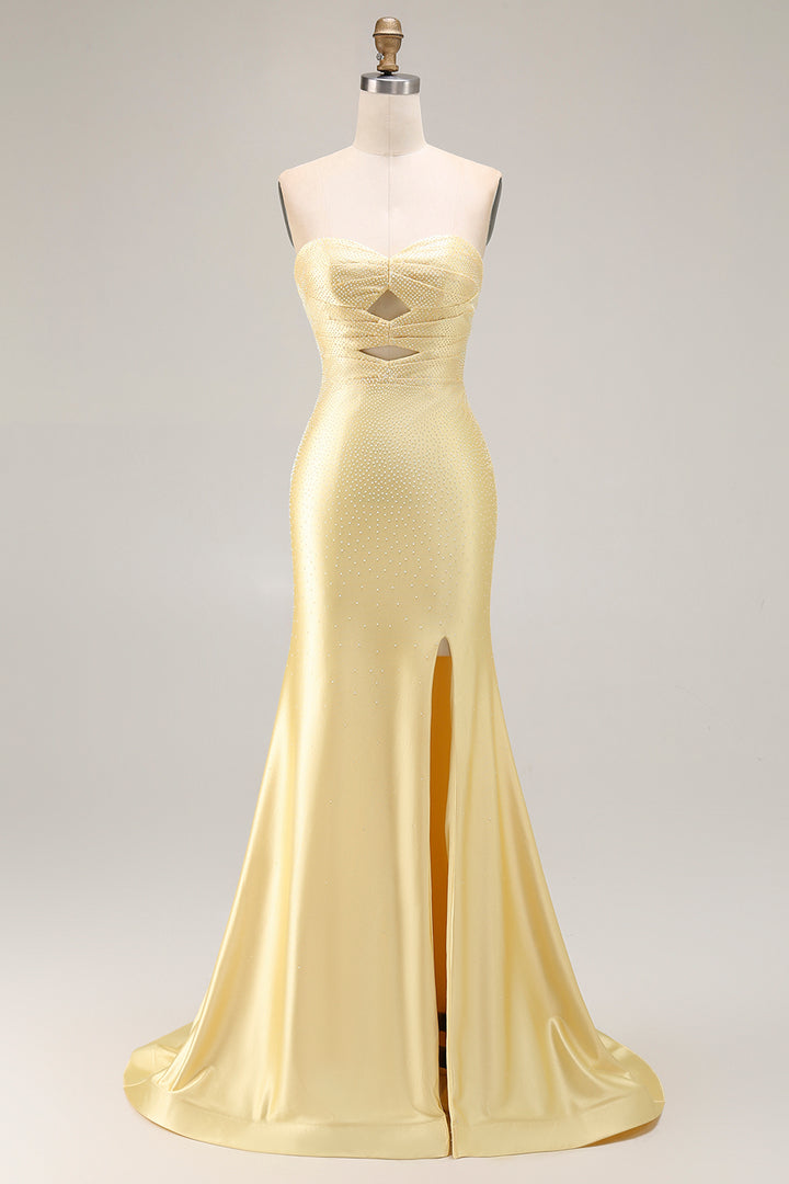 Glitter Yellow Sweetheart Mermaid Cut-out Long Prom Dress with Beading Glitter Yellow Sweetheart Mermaid Cut-out Long Prom Dress with Beading
