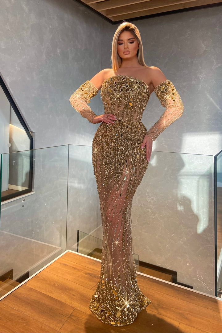 Gold Sequin and Beaded Long Sleeve Prom Dress Gold Sequin and Beaded Long Sleeve Prom Dress