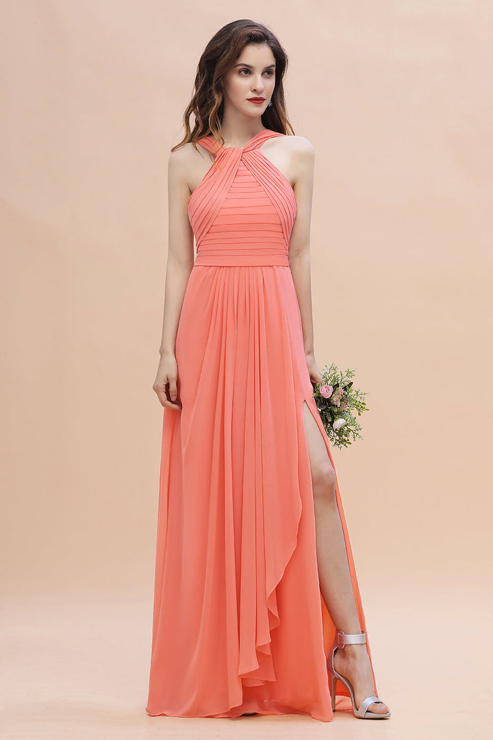 coral chiffon bridesmaid dresses S Coral Chiffon Halter V-Neck Bridesmaid Maxi Dress with Flowing A-Line Skirt