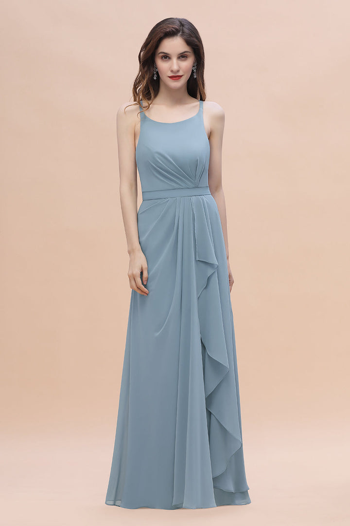 Gorgeous A-Line Straps Dusty Blue Chiffon Bridesmaid Dresses with Ruffles On Sale