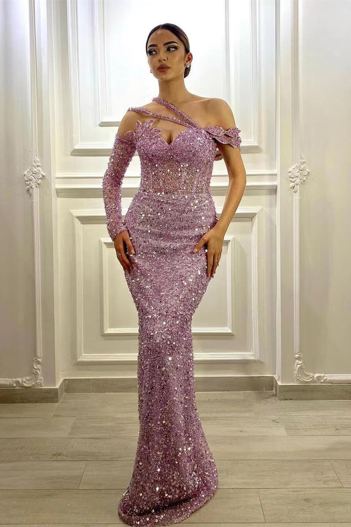 fitted lace wedding dress Gorgeous Lavender Long Sleeves Sequins Mermaid Prom Dress