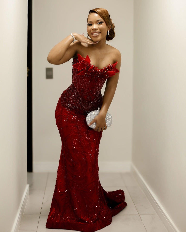 Gorgeous Long Red Mermaid Strapless Beaded Sleeveless Prom Dress