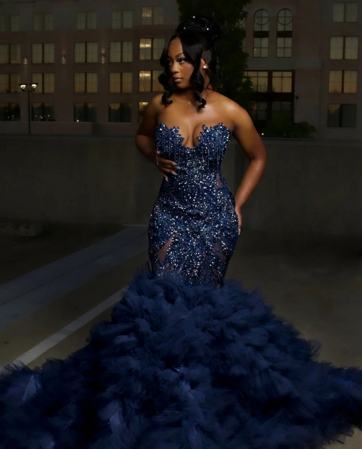 Gorgeous Long Silver Mermaid Beaded Diamond Prom Dress with Ruffles