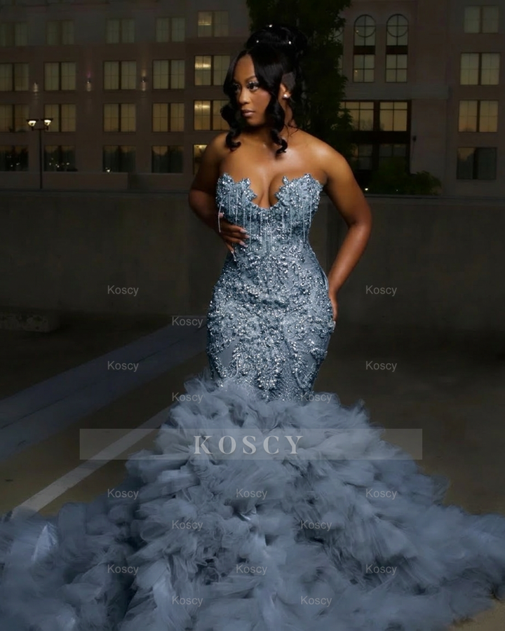 Gorgeous Long Silver Mermaid Beaded Diamond Prom Dress with Ruffles