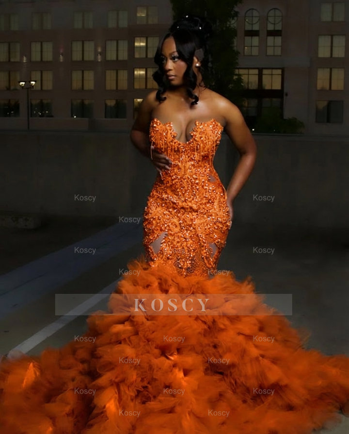 Gorgeous Long Silver Mermaid Beaded Diamond Prom Dress with Ruffles