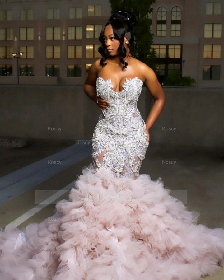 Gorgeous Long Silver Mermaid Beaded Diamond Prom Dress with Ruffles
