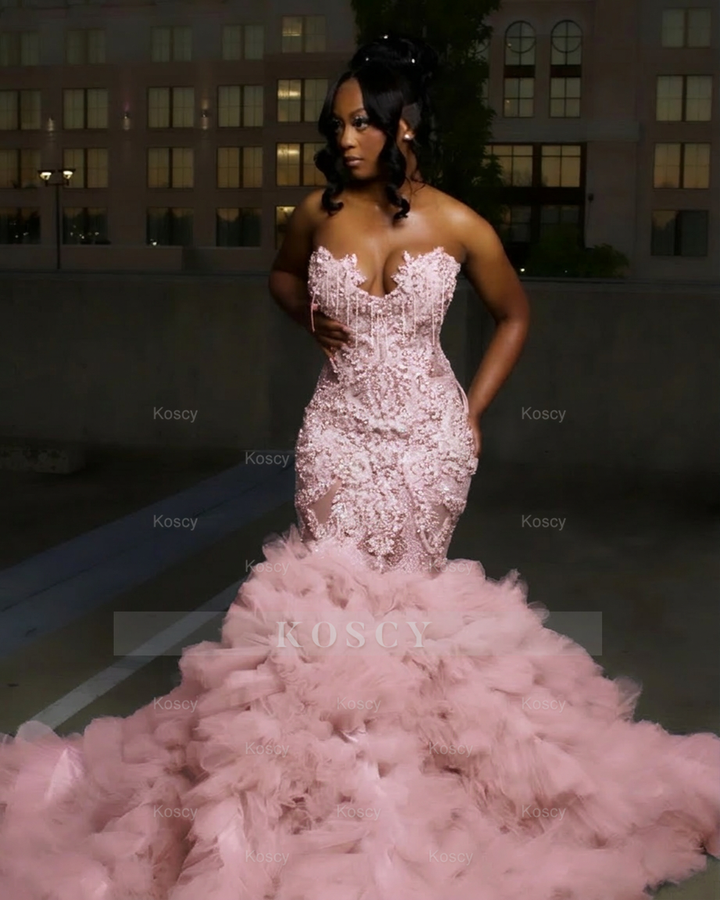 Gorgeous Long Silver Mermaid Beaded Diamond Prom Dress with Ruffles Gorgeous Long Silver Mermaid Beaded Diamond Prom Dress with Ruffles