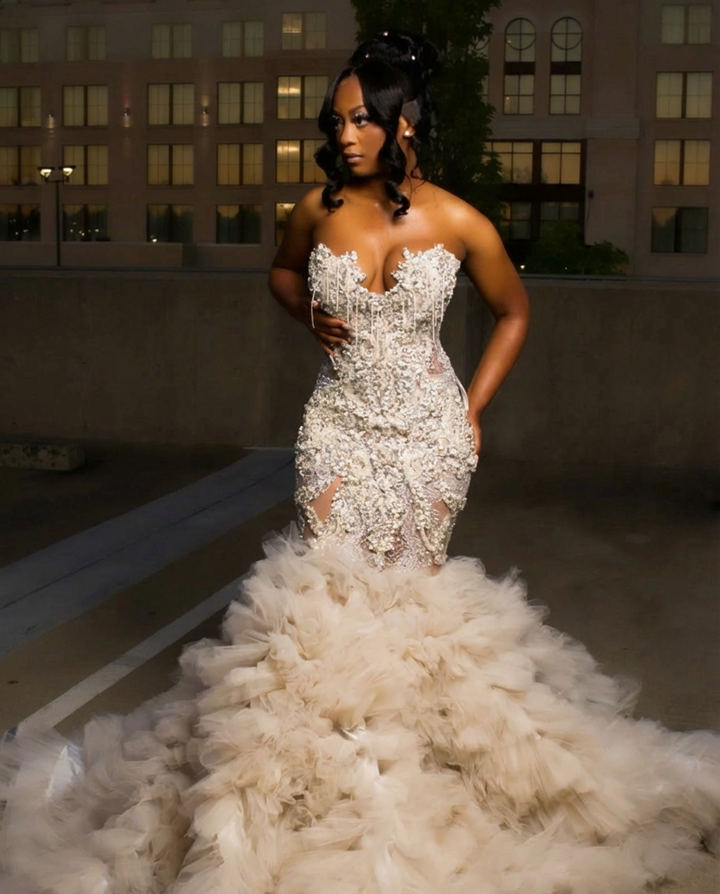 Gorgeous Long Silver Mermaid Beaded Diamond Prom Dress with Ruffles
