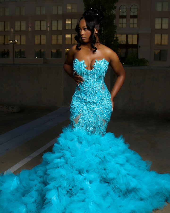 Gorgeous Long Silver Mermaid Beaded Diamond Prom Dress with Ruffles