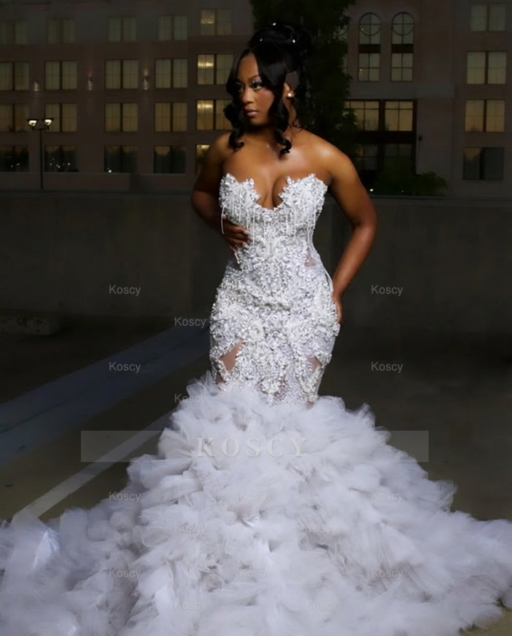 diamond wedding dress mermaid Gorgeous Long Silver Mermaid Beaded Diamond Prom Dress with Ruffles
