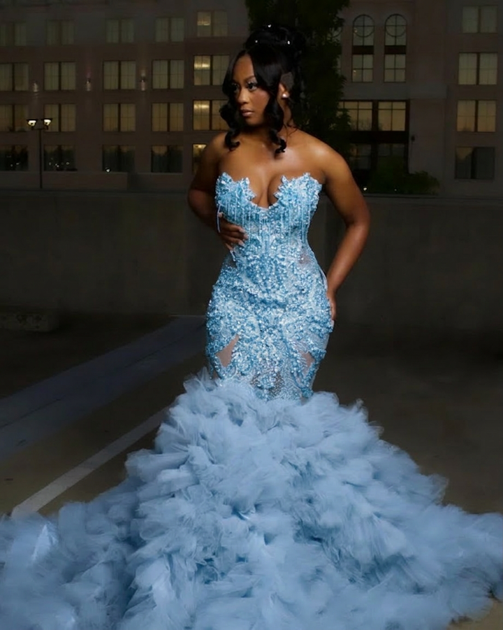 Gorgeous Long Silver Mermaid Beaded Diamond Prom Dress with Ruffles
