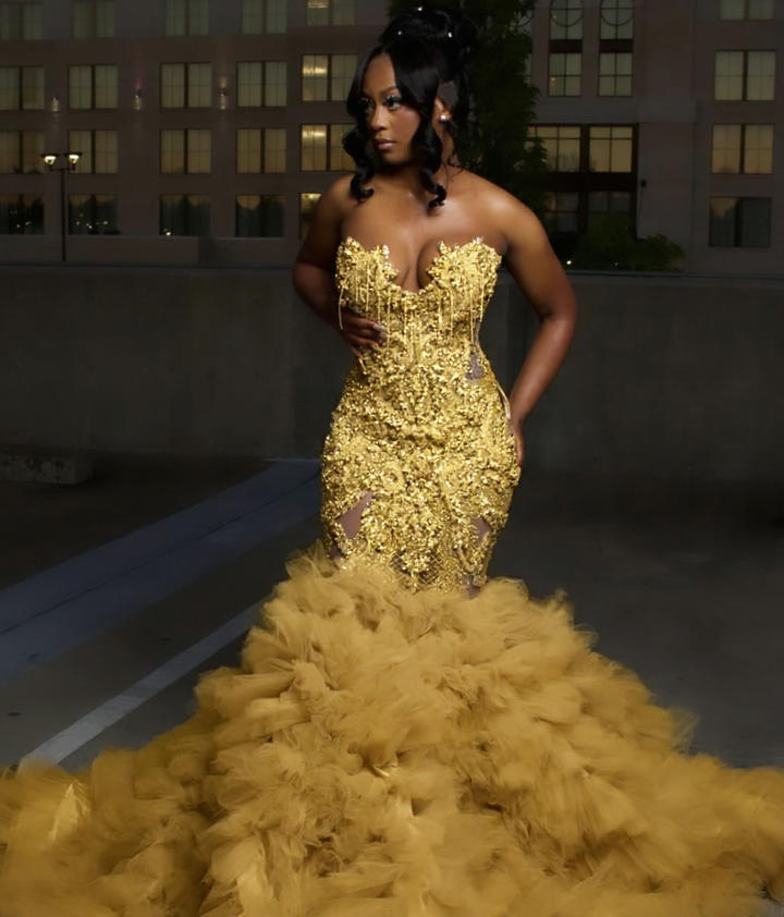 Gorgeous Long Silver Mermaid Beaded Diamond Prom Dress with Ruffles
