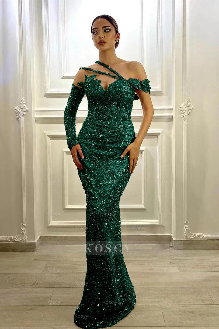 knee length dresses for ladies Gorgeous Long Sleeves One Shoulder Lavender Formal Dress Mermaid With  Sequins