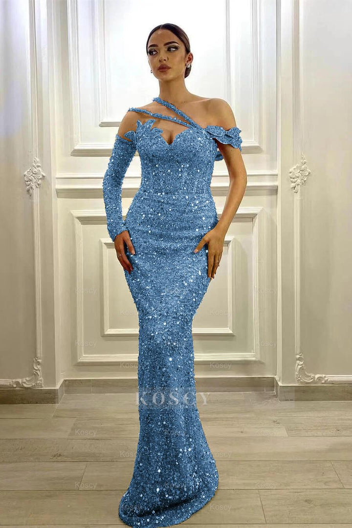 Gorgeous Long Sleeves One Shoulder Lavender Formal Dress Mermaid With  Sequins