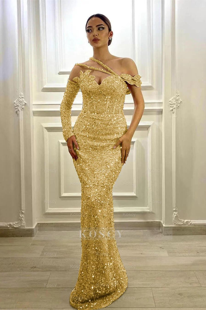 yellow one shoulder long sleeve dress Gorgeous Long Sleeves One Shoulder Lavender Formal Dress Mermaid With  Sequins
