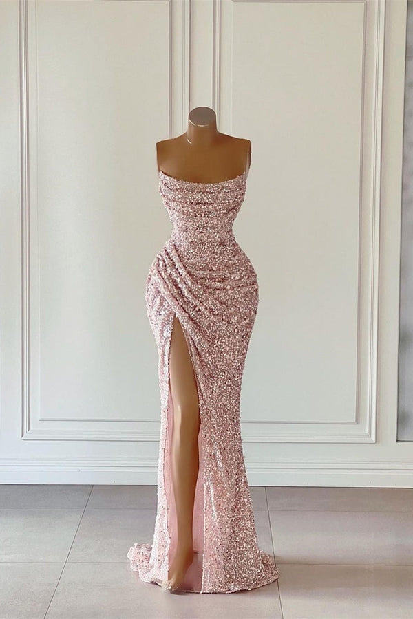 Glamorous Pink Sequined Sleeveless Prom Dress with Slit
