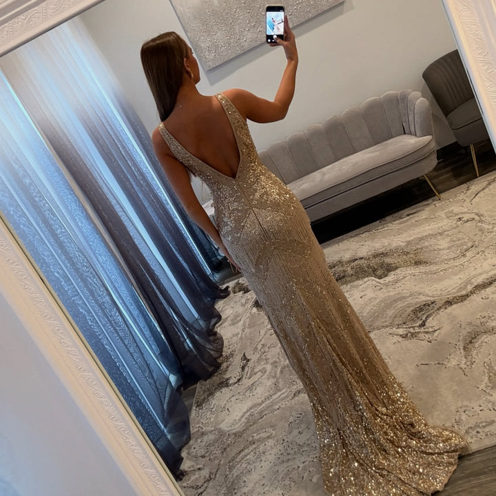 hebeos champagne dress V Neck Mermaid Prom Prom Robe Champagne Gorgous Long Champagne Mermaid V-neck Sleeveless Sequined Beaded Prom Dress With Slit Prom dresses Select Polo T-Shirt Size:S usa dress IKEA | HEMNES Dresser, friendly fabric this maxi