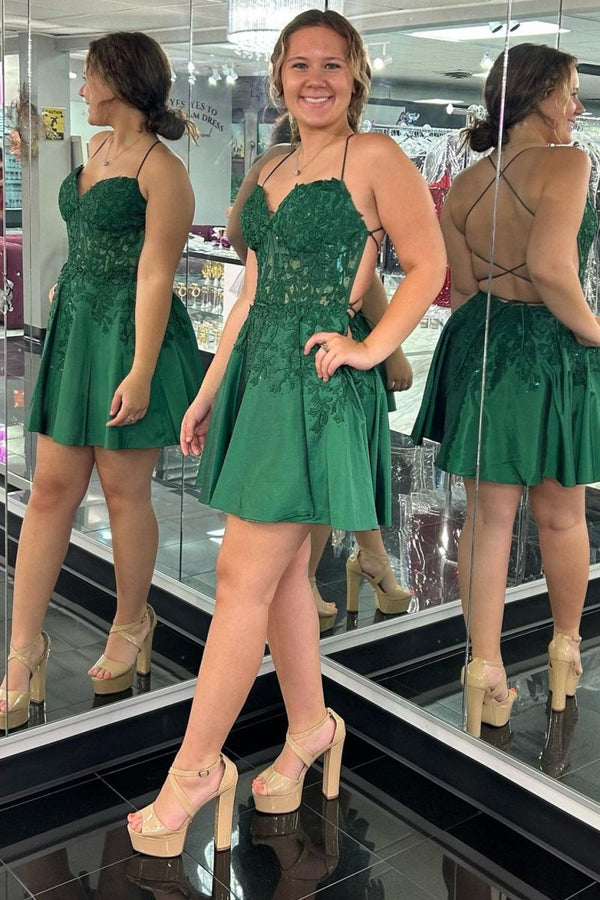 Koscy Green Appliques Sweetheart Lace-Up A-Line Short Party Dress