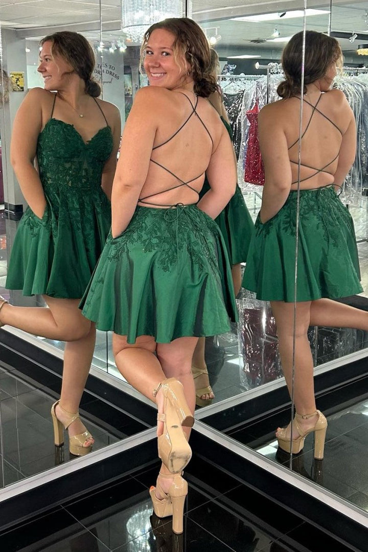 Koscy Green Appliques Sweetheart Lace-Up A-Line Short Party Dress