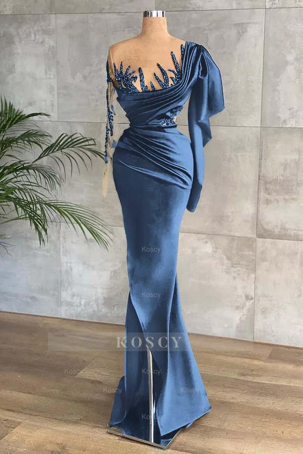 side split dress long sleeve Green Long Sleeves Mermaid Side Split Formal Dress With Appliques