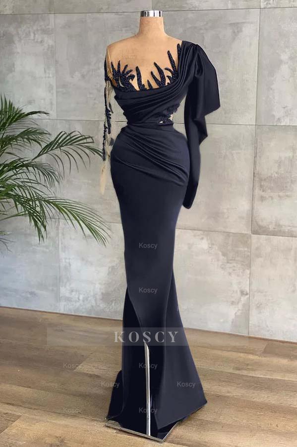 side split dress long sleeve Green Long Sleeves Mermaid Side Split Formal Dress With Appliques