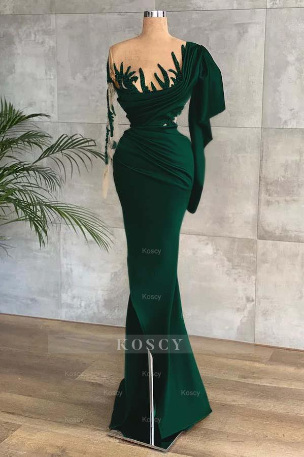 Green Long Sleeves Mermaid Side Split Formal Dress With Appliques Green Long Sleeves Mermaid Side Split Formal Dress With Appliques