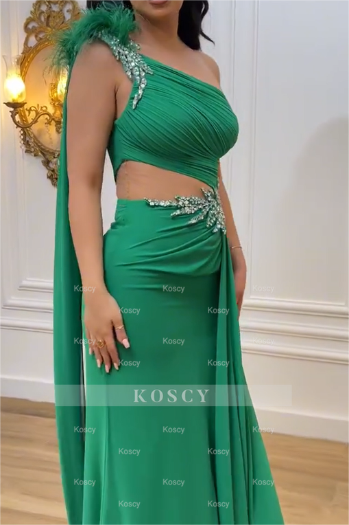Green Mermaid One Shoulder Sleeveless Beaded Long Pleated Formal Dress With Feather Green Mermaid One Shoulder Sleeveless Beaded Long Pleated Formal Dress With Feather