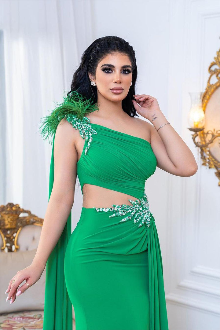Green Mermaid One Shoulder Sleeveless Beaded Long Pleated Formal Dress With Feather Green Mermaid One Shoulder Sleeveless Beaded Long Pleated Formal Dress With Feather