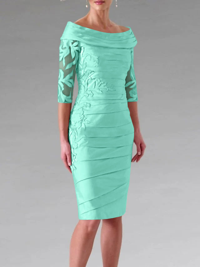 Half-Sleeve Knee-Length Sheath/Column Mother of the Bride Dress with  Ruching and Appliques