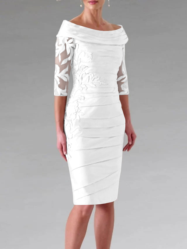 Half-Sleeve Knee-Length Sheath/Column Mother of the Bride Dress with  Ruching and Appliques