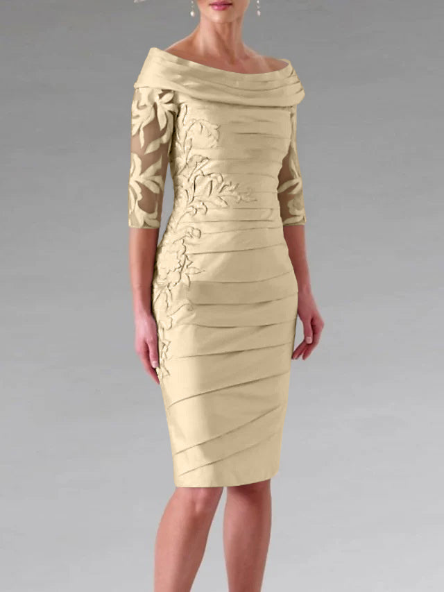 Half-Sleeve Knee-Length Sheath/Column Mother of the Bride Dress with Ruching and Appliques Half-Sleeve Knee-Length Sheath/Column Mother of the Bride Dress with Ruching and Appliques