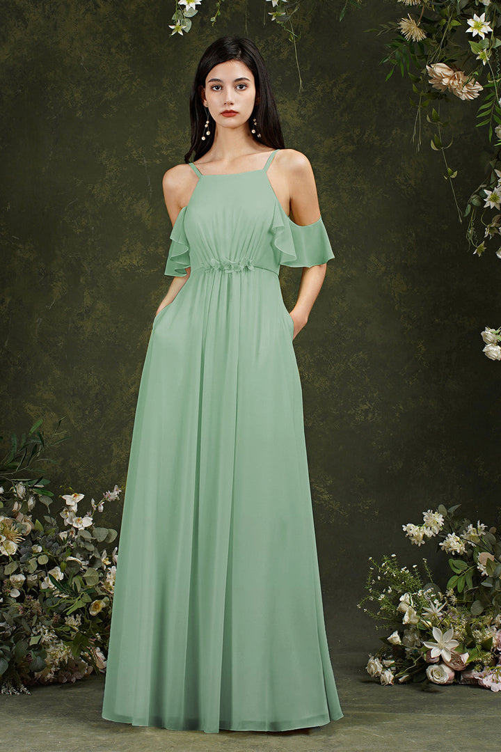 halter ruffle bridesmaid dress Ruffle-Trimmed Bodice Halter Maxi Dress with Wrap Slit
