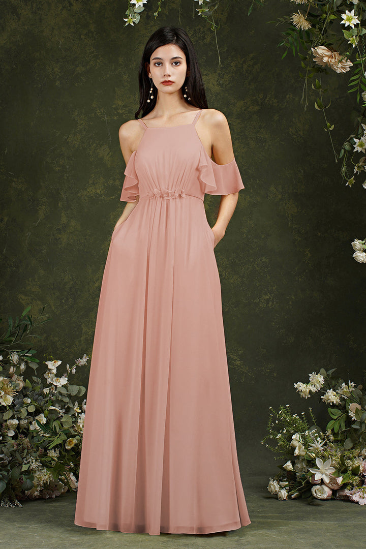 halter ruffle bridesmaid dress Jaelune Stylish A-Line Halter Tiered Long Chiffon Bridesmaid Dresses, Dusty Blue