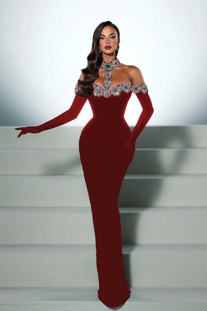halter off the shoulder dress Eclipse Noir Crystal Maxi Alex Evenings: Best Sellers Loop_Final_Sale Model is wearing size Suitable For Height:150cm 9-10 YEARS