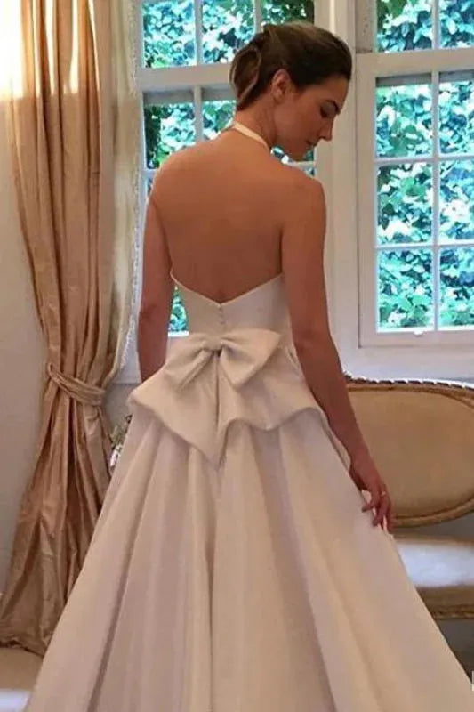 Halter Satin Backless Wedding Dress with Bow