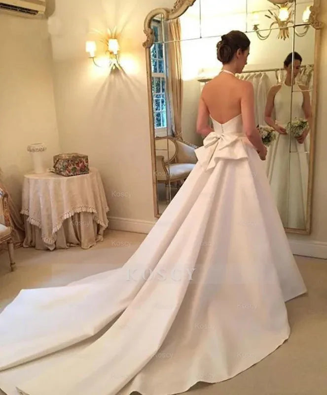Halter Satin Backless Wedding Dress with Bow