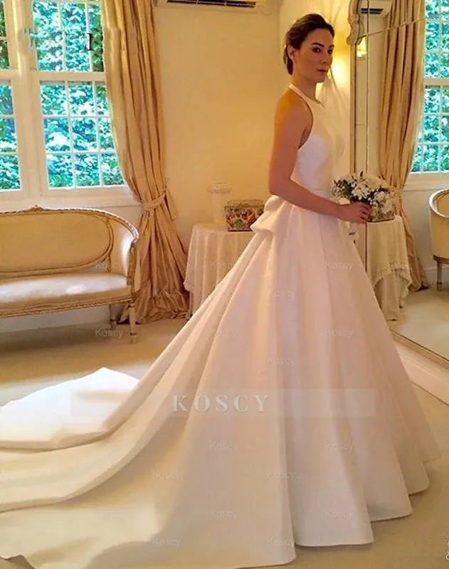 Halter Satin Backless Wedding Dress with Bow
