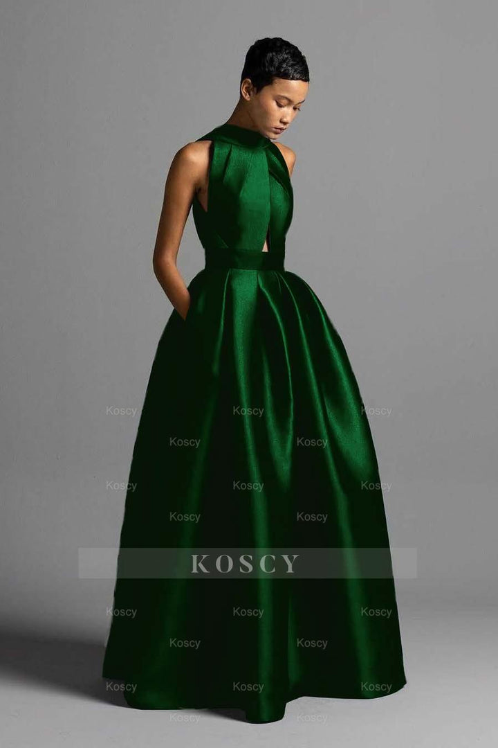 open lace back dress Halter Sleeveless High Waist Long Formal Dress With Pocket Pleated