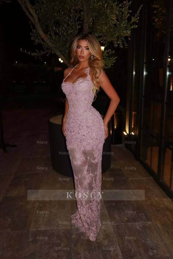 Halter Sleeveless Long Mermaid Formal Dress With Lace Embroidery Halter Sleeveless Long Mermaid Formal Dress With Lace Embroidery