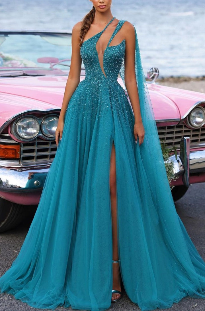 Heavy Tulle One Shoulder Formal Dress Green Sequins With Trail High Slit Heavy Tulle One Shoulder Formal Dress Green Sequins With Trail High Slit