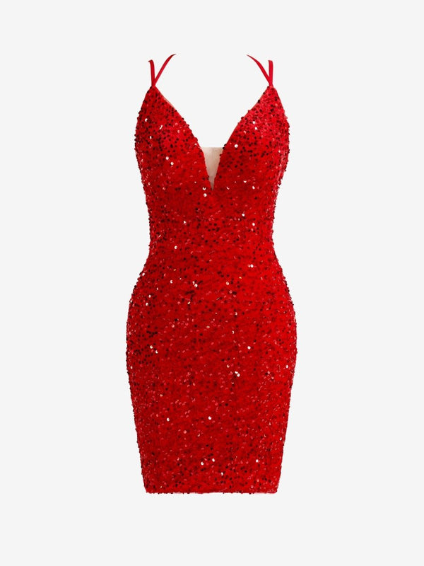 Koscy Red Sheath Sequins Homecoming Dress with Slit