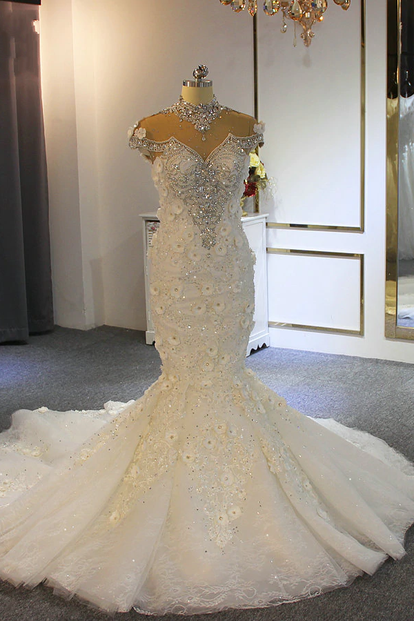 High Neck Appliques Lace Crystal Tulle Mermaid Wedding Dress