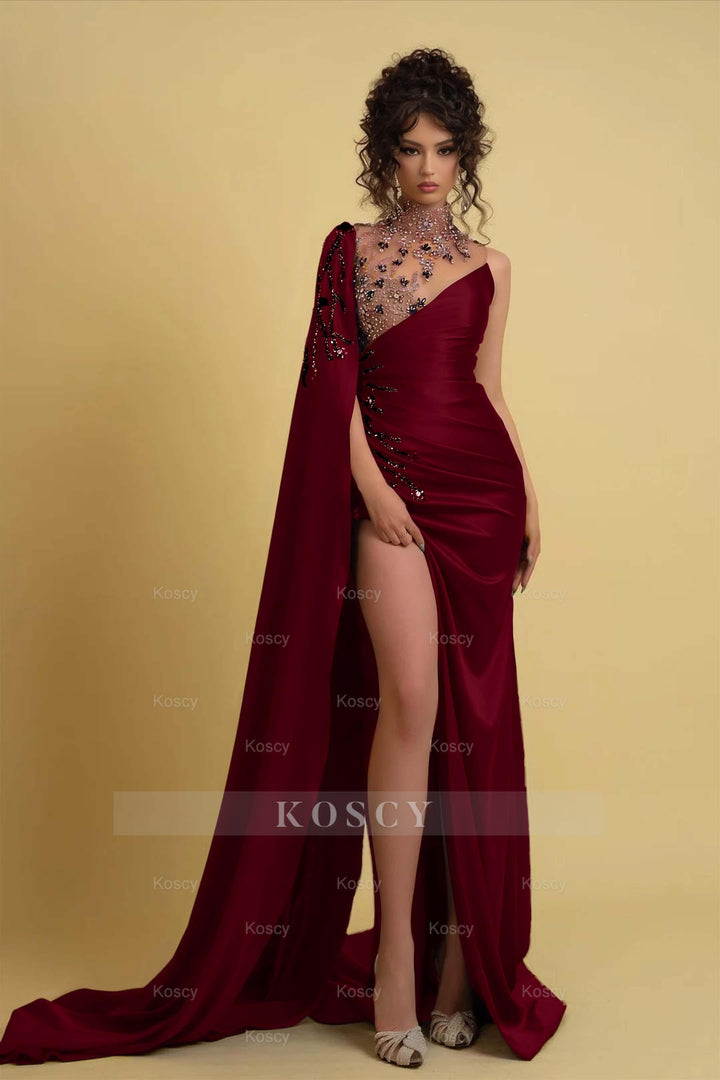 High Neck Formal Dress Regency One Shoulder With Ruched Beads High Neck Formal Dress Regency One Shoulder With Ruched Beads