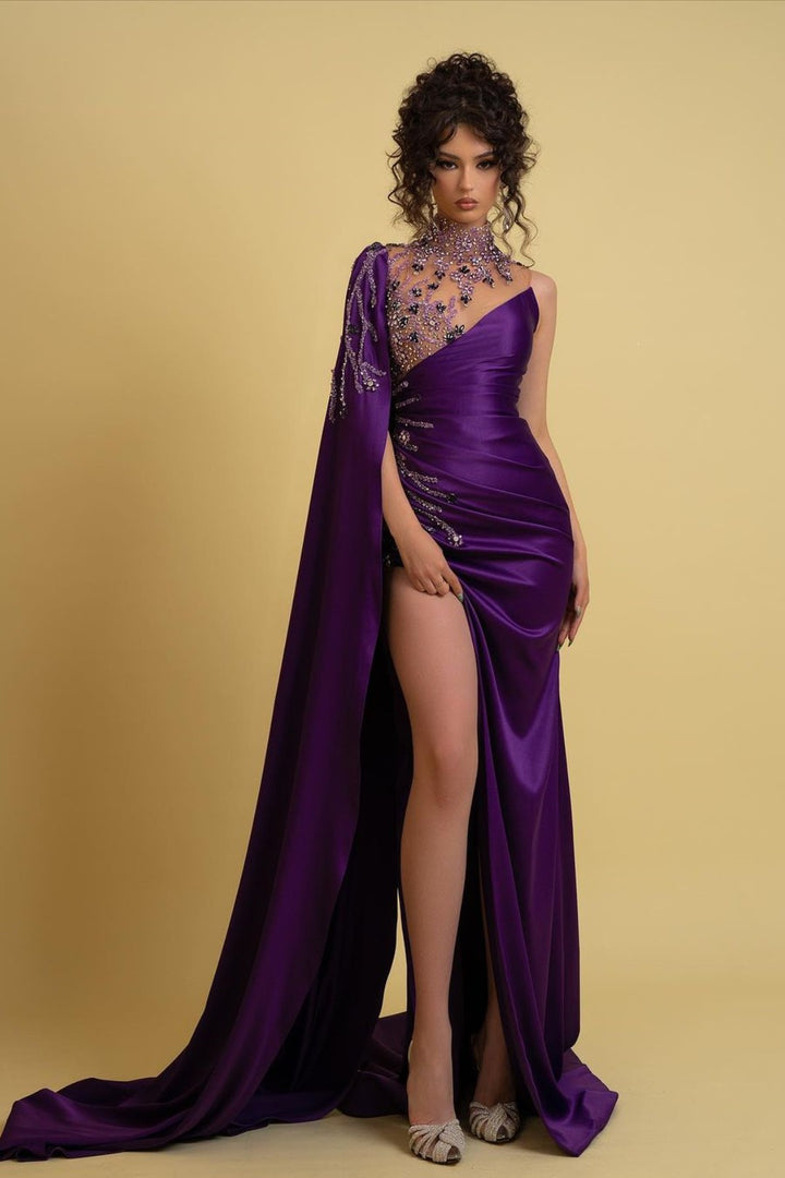 High Neck Formal Dress Regency One Shoulder With Ruched Beads