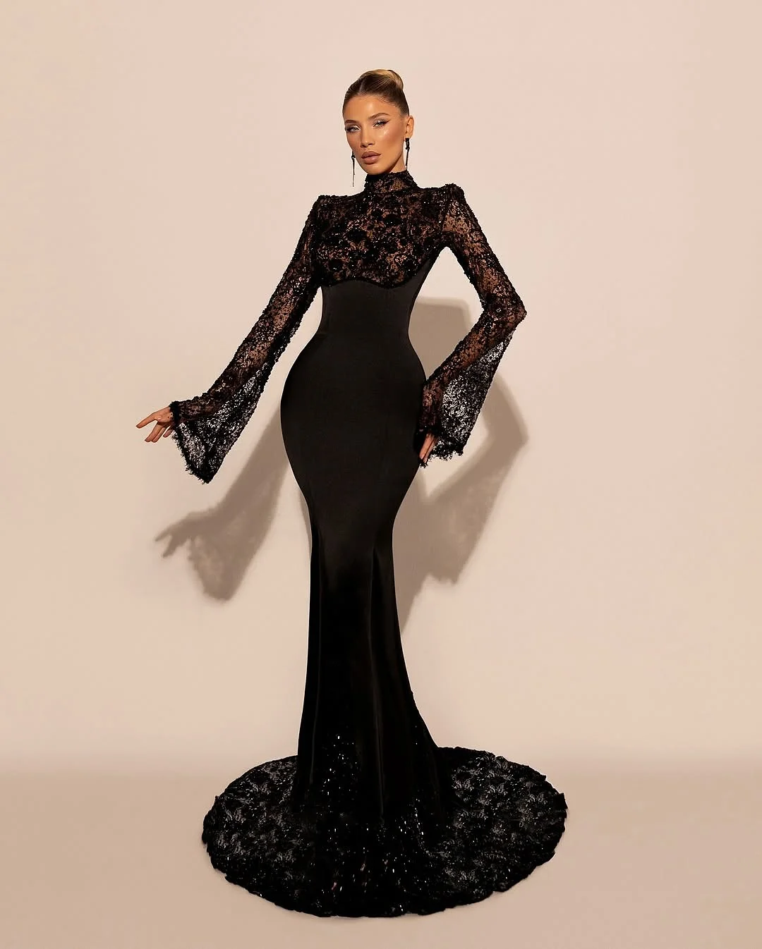 High Neck Lace Long Sleeves Long Mermaid Formal Dress with Pleated
