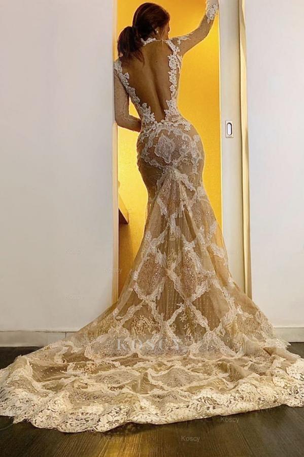High-neck Long Sleeves Lace Open Back Wedding Dress High-neck Long Sleeves Lace Open Back Wedding Dress