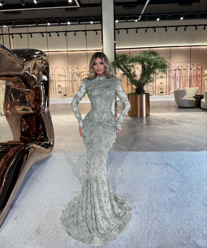 long sleeve silver mermaid prom dress High Neck Long Sleeves Long Mermaid Formal Dress With Beading Pleated