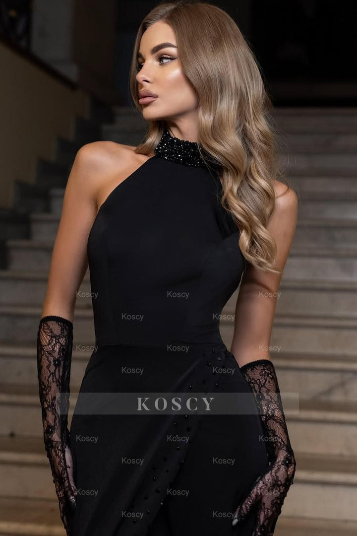 High Neck Sleeveless Mermaid Split Long Formal Dress With Gloves High Neck Sleeveless Mermaid Split Long Formal Dress With Gloves