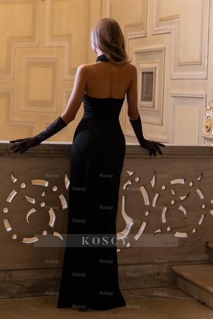 High Neck Sleeveless Mermaid Split Long Formal Dress With Gloves High Neck Sleeveless Mermaid Split Long Formal Dress With Gloves